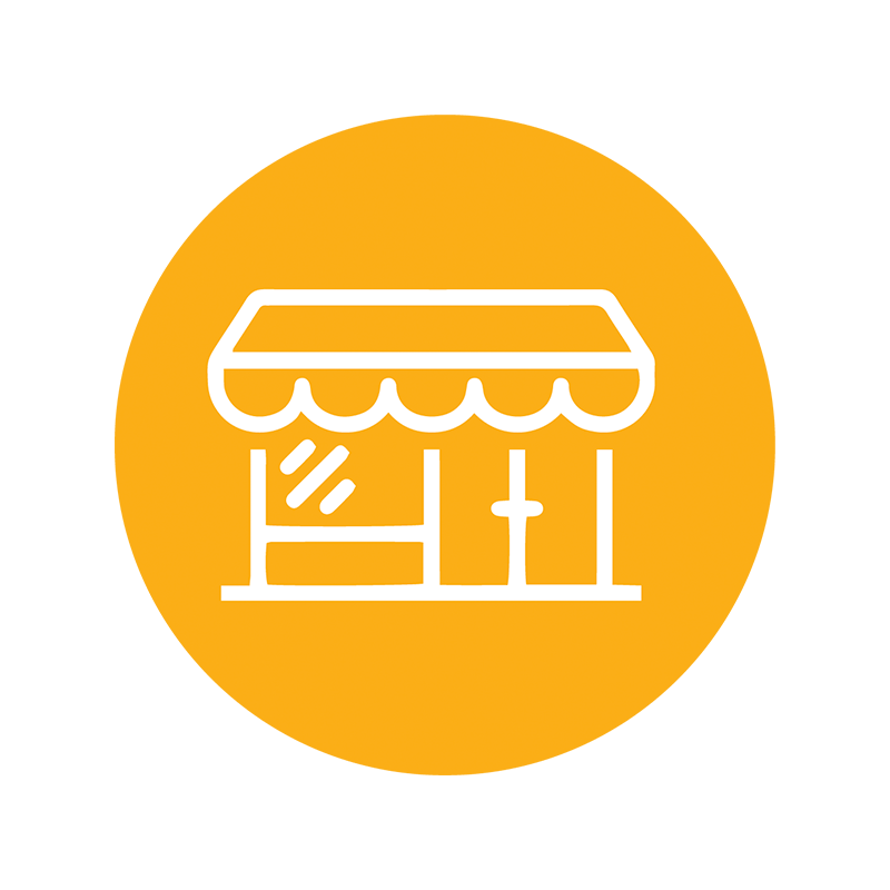 Orange circular icon with store in white outline. 